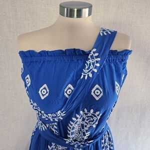 CATO est 1946 Women Jumpsuit Blue With 3D White Leaves Design Tassel Waist Tied